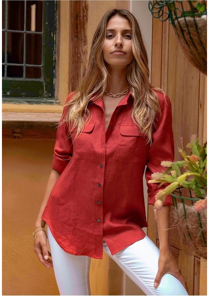 Relax Fit Linen Keten Kırmızı Kadın Gömlek modelleri