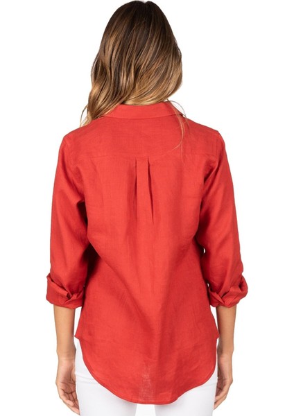 Relax Fit Linen Keten Kırmızı Kadın Gömlek indirimleri