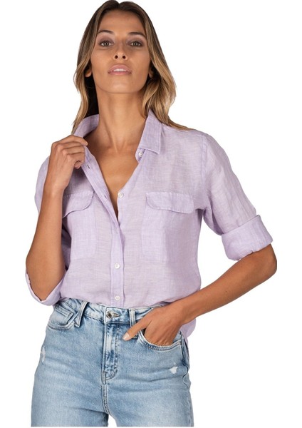 Relax Fit Linen Keten Lila Kadın Gömlek fiyatları