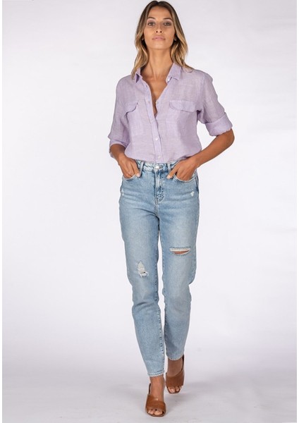 Relax Fit Linen Keten Lila Kadın Gömlek modelleri
