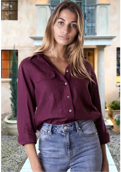 Relax Fit Linen Keten Mürdüm Kadın Gömlek fiyatları