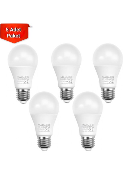 9W LED Ampul 6500K Beyaz Işık E27 - 5li Paket