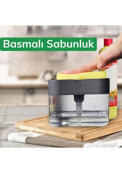 Ikisi Bir Arada Basmalı Pratik Sıvı Sabunluk Pompası ve Bulaşık Yıkama Süngeri Haznesi