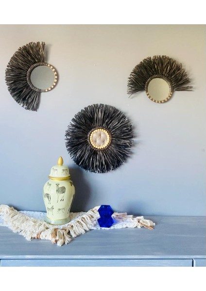 Wall Art Siyah Rafya ve Boncuklu Ayna Duvar Dekorasyon Ürünü 3’lü Set