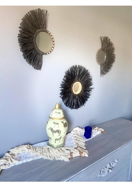 Wall Art Siyah Rafya ve Boncuklu Ayna Duvar Dekorasyon Ürünü 3’lü Set
