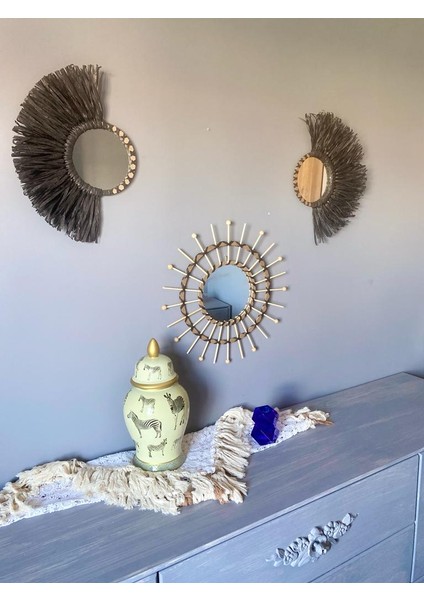 Wall Art Siyah Rafya ve Boncuklu ve Bambu Ayna Duvar Dekorasyon Ürünü 3’lü Set