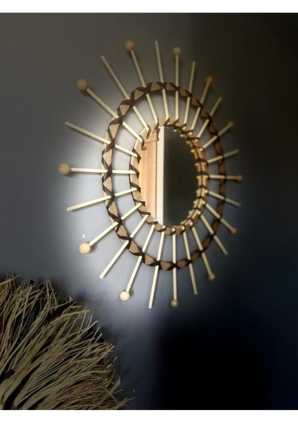 Wall Art Siyah Rafya ve Boncuklu ve Bambu Ayna Duvar Dekorasyon Ürünü 3’lü Set
