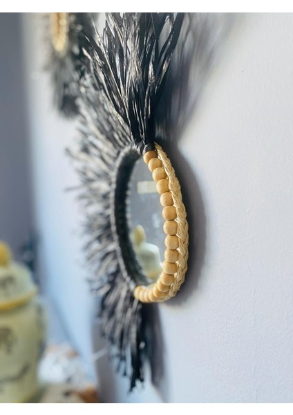 Wall Art Siyah Rafya ve Boncuklu ve Bambu Ayna Duvar Dekorasyon Ürünü 3’lü Set