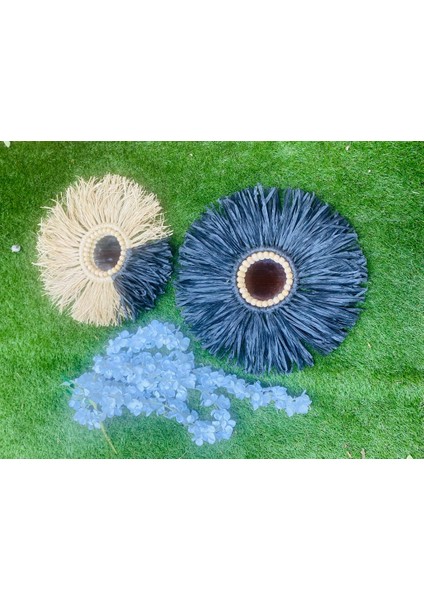 Wall Art Siyah Rafya ve Boncuklu Ayna Duvar Dekorasyon Ürünü 2?li Set