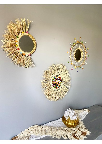 Wall Art Rafya ve Renkli Boncuklu Ayna Duvar Dekorasyon Ürünü 3’lü Set