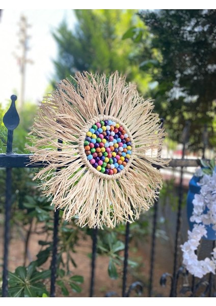 Wall Art Rafya ve Renkli Boncuklu Ayna Duvar Dekorasyon Ürünü 3’lü Set