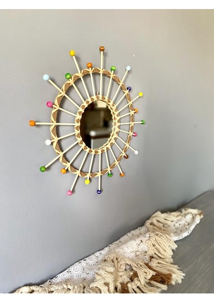 Wall Art Rafya ve Renkli Boncuklu Ayna Duvar Dekorasyon Ürünü 3’lü Set