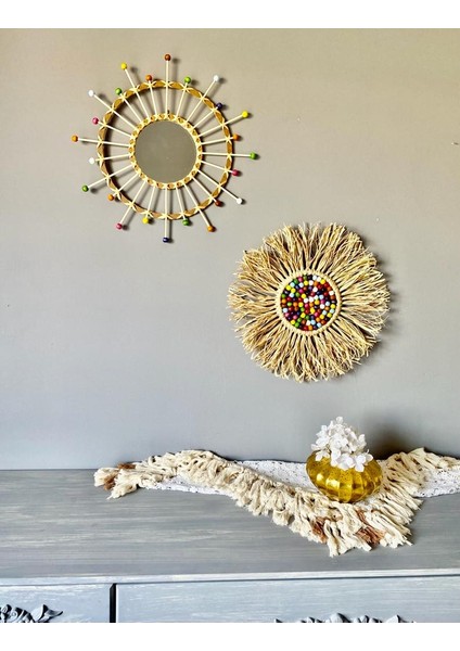 Wall Art Rafya ve Renkli Boncuklu Bambu Ayna Duvar Dekorasyon Ürünü 2’li Set