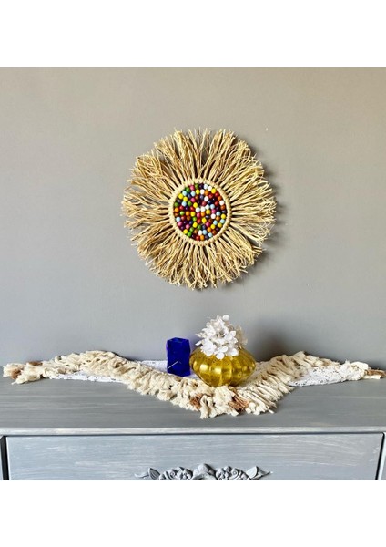 Wall Art Rafya ve Renkli Boncuklu Bambu Ayna Duvar Dekorasyon Ürünü 2’li Set fırsatları