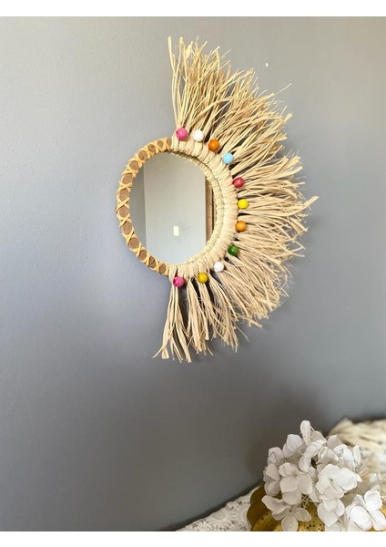 Wall Art Rafya ve Renkli Boncuklu Bambu Ayna Duvar Dekorasyon Ürünü fiyatları