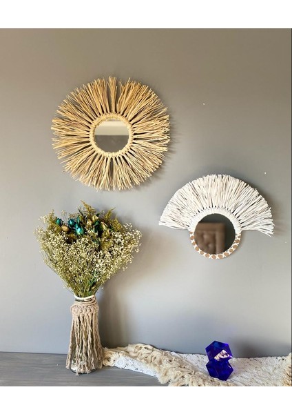 Wall Art Beyaz ve Doğal Rafya Ayna Duvar Dekorasyon Ürünü 2’li Set fiyatları
