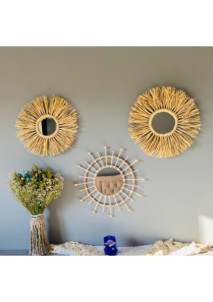 Wall Art Rafya ve Bambu Ayna Duvar Dekorasyon Ürünü 3?lü Set