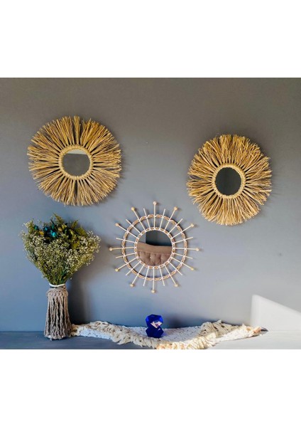 Wall Art Rafya ve Bambu Ayna Duvar Dekorasyon Ürünü 3?lü Set