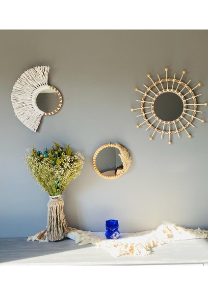 Wall Art Beyaz Bambu ve Beyaz Rafya Ayna Duvar Dekorasyon Ürünü 3’lü Set