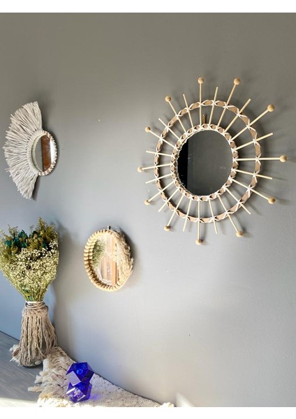 Wall Art Beyaz Bambu ve Beyaz Rafya Ayna Duvar Dekorasyon Ürünü 3’lü Set fiyatları