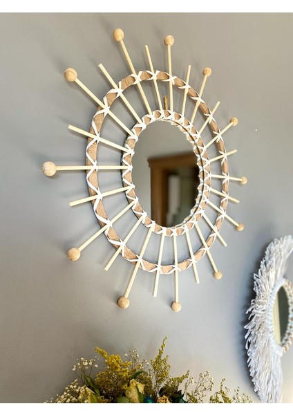 Wall Art Beyaz Bambu ve Beyaz Rafya Ayna Duvar Dekorasyon Ürünü 3’lü Set modelleri