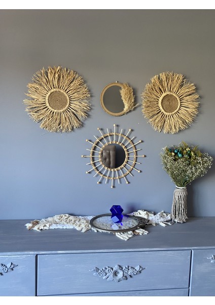 Wall Decoration Art Rafya ve Bambu Ayna Duvar Dekorasyon Ürünü 4’lü Set