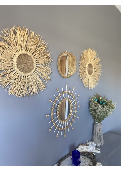 Wall Decoration Art Rafya ve Bambu Ayna Duvar Dekorasyon Ürünü 4’lü Set