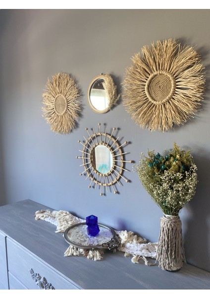 Wall Decoration Art Rafya ve Bambu Ayna Duvar Dekorasyon Ürünü 4’lü Set