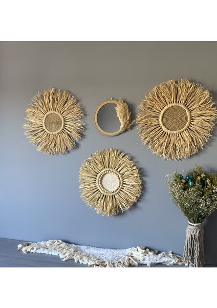 Wall Decoration Art Hasır Rafya ve Ahşap Ayna Duvar Dekorasyon Ürünü 4’lü Set