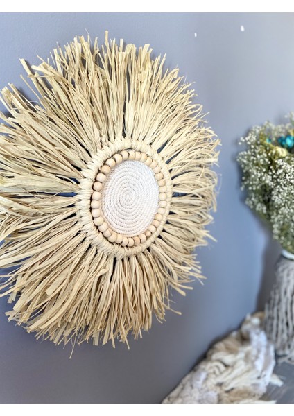Wall Decoration Art Hasır Rafya ve Ahşap Ayna Duvar Dekorasyon Ürünü 4’lü Set