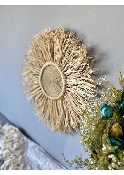 Wall Decoration Art Hasır Rafya ve Ahşap Ayna Duvar Dekorasyon Ürünü 4’lü Set
