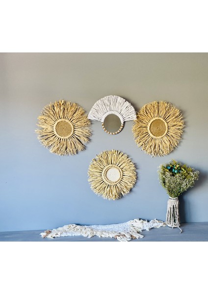 Wall Decoration Art Hasır Rafya ve Beyaz Yarım Rafya Ayna Duvar Dekorasyon Ürünü 4’lü Set