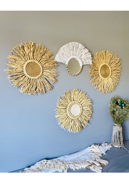 Wall Decoration Art Hasır Rafya ve Beyaz Yarım Rafya Ayna Duvar Dekorasyon Ürünü 4’lü Set fiyatları