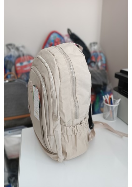 Mega Bag Krem Krinkıl Kumaş Suya Dayanıklı Sırt Çantası Laptop Okul Çantası M-2004