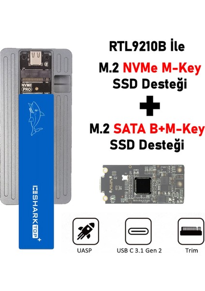 ICESHARK M.2 NVMe (M-Key) ve M.2(NGFF) SATA B-Key B+M-Key SSD to USB 3.1 Type-C GEN2 Çevirici Dönüştürücü Adaptör Harici Taşınabilir Alüminyum SSD Muhafaza Kutusu