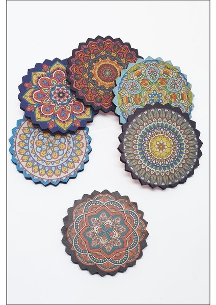 Ahşap Mandala Desenli Bardak Altlığı 6 Adet