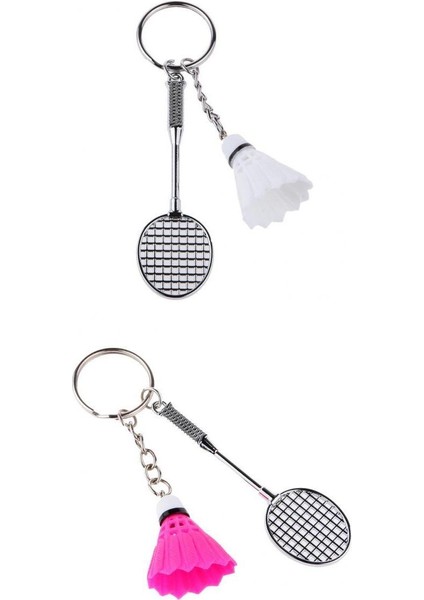 2pcs Bedminton Raket Shuttlecock Kolye Keyasyon Anahtar Zinciri Fuşya Beyaz