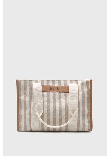 Kadın Vizon Çizgili Keten Tote Çanta