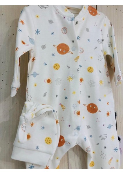 Gezegen Desenli Uzun Kollu Önden Çıtçıtlı Şapkalı Bebek Penye Tulum modelleri
