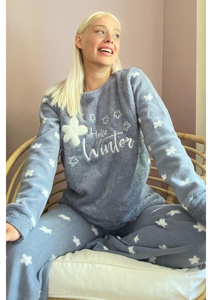 Indigo Hello Winter Desenli Kadın Peluş Pijama Takımı