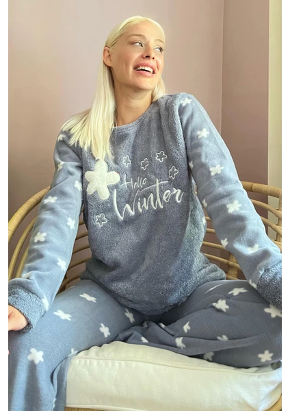 Pijama Evi Indigo Hello Winter Desenli Kadın Peluş Pijama Takımı