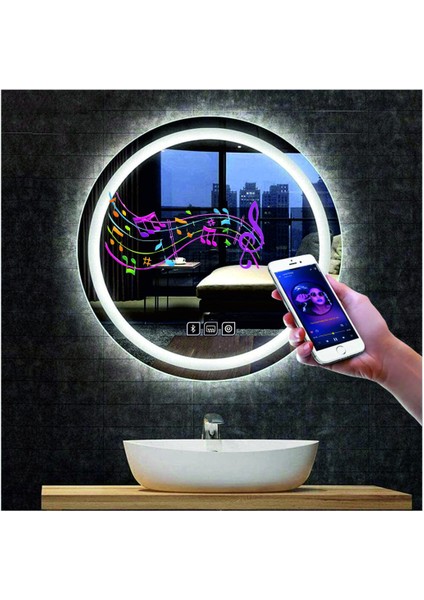 90 Cm Bluetoothlu Buğu Yapmayan Dokunmatik Tuşlu Kumlamalı Beyaz Ledli Yuvarlak Banyo Aynası