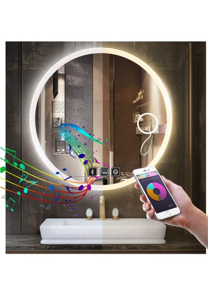 85 Cm Bluetoothlu Buğu Yapmayan Makyaj Aynalı Kumlamalı Beyaz Ledli Yuvarlak Banyo Aynası modelleri