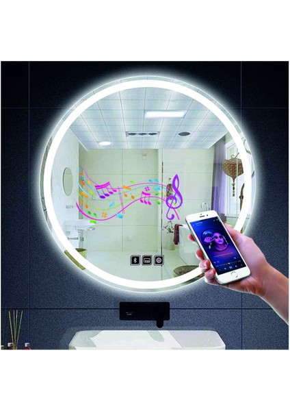 85 Cm Bluetoothlu Buğu Yapmayan Dokunmatik Tuşlu Kumlamalı Beyaz Ledli Yuvarlak Banyo Aynası fiyatları