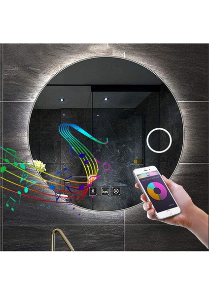 Dnr-Mirror 70 cm Bluetoothlu Buğu Yapmayan Dokunmatik Tuşlu Makyaj Aynalı Beyaz Ledli Yuvarlak Banyo Aynası