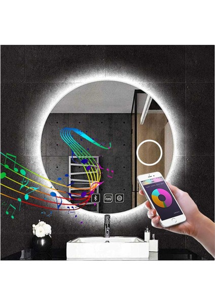 Dnr-Mirror 70 cm Bluetoothlu Buğu Yapmayan Dokunmatik Tuşlu Makyaj Aynalı Beyaz Ledli Yuvarlak Banyo Aynası modelleri