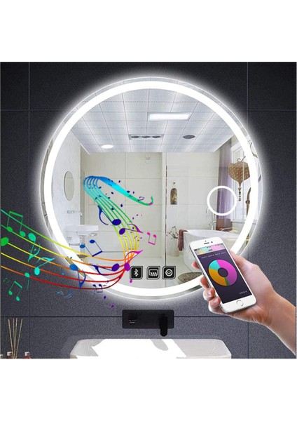 Dnr-Mirror 70 cm Bluetoothlu Buğu Yapmayan Makyaj Aynalı Kumlamalı Beyaz Ledli Yuvarlak Banyo Aynası