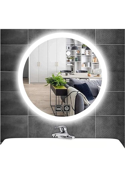 85 Cm Buğu Yapmayan Dokunmatik Tuşlu Kumlamalı Beyaz Ledli Yuvarlak Banyo Aynası