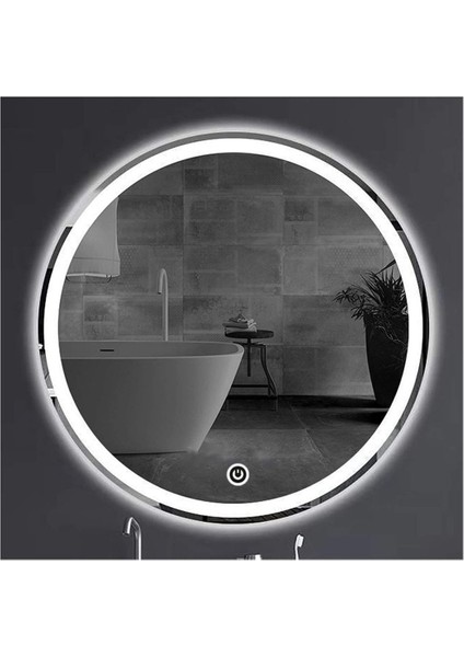 60 Cm Dokunmatik Tuşlu Kumlamalı Beyaz Ledli Yuvarlak Banyo Aynası
