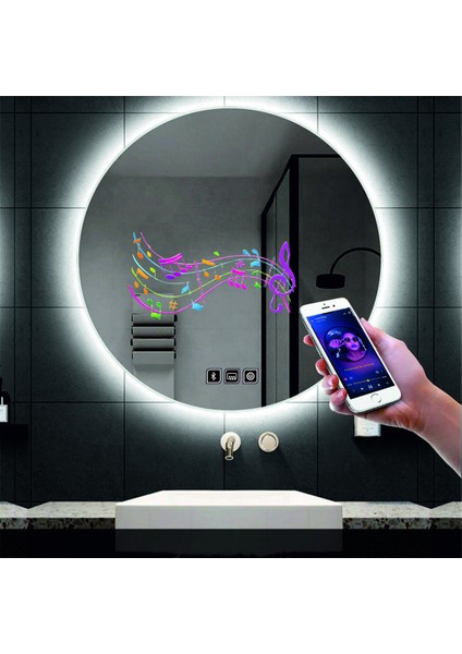 Dnr-Mirror60 Cm Bluetoothlu Buğu Yapmayan Dokunmatik Tuşlu Beyaz Ledli Yuvarlak Banyo Aynası